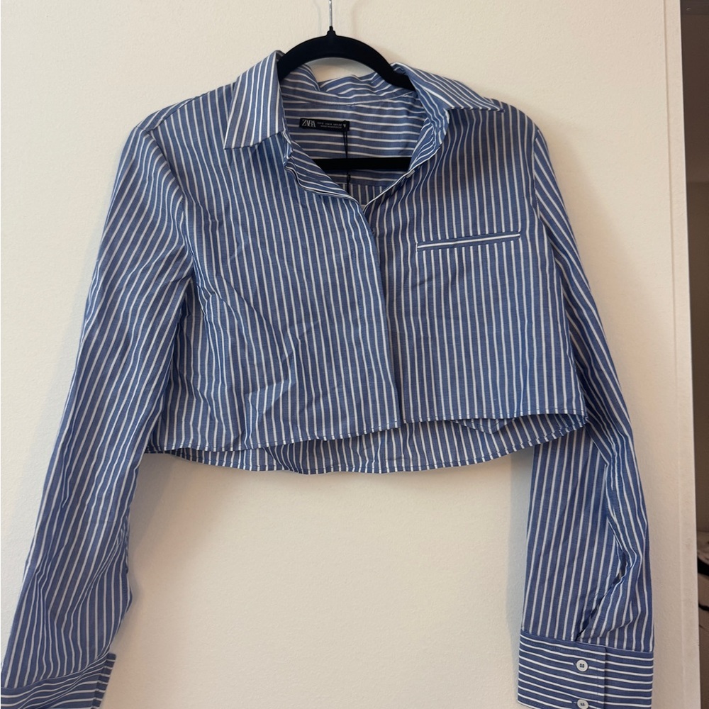 Zara blue white striped cropped button down